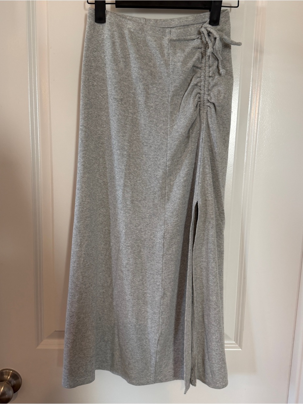 Aerie XS Gray Ribbed Midi Skirt Ruched Tie‎ Side w/ Side Slit Stretchy